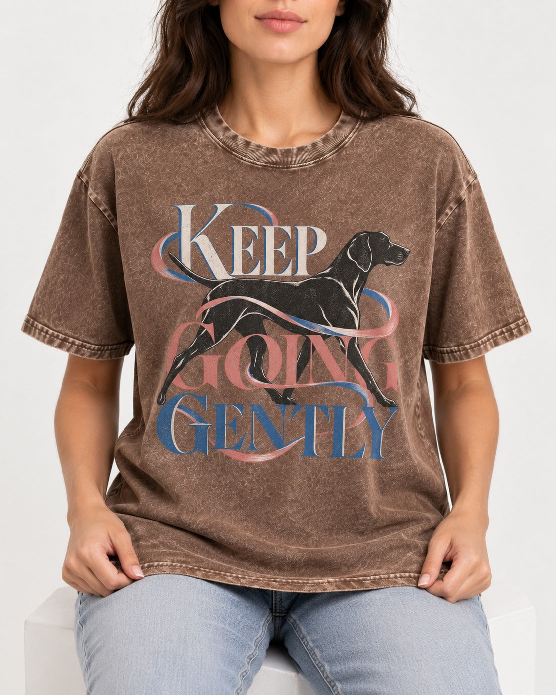 German Shorthaired Pointer Keep Going Gently Walking Graphic Washed Tee in Coffee, worn by a seated model