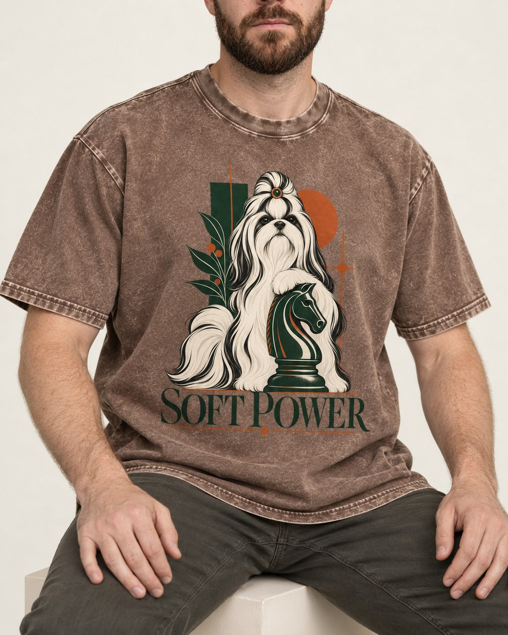Soft Power Shih Tzu Washed Tee in Coffee, worn by a seated model