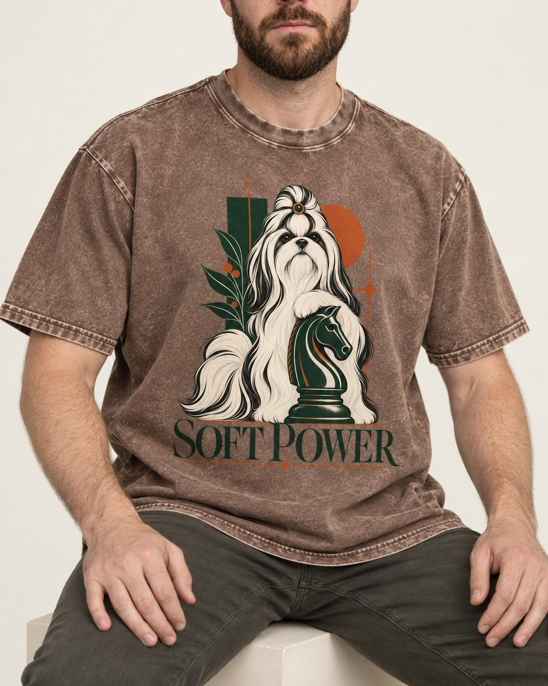 Soft Power Shih Tzu Washed Tee in Coffee, worn by a seated model