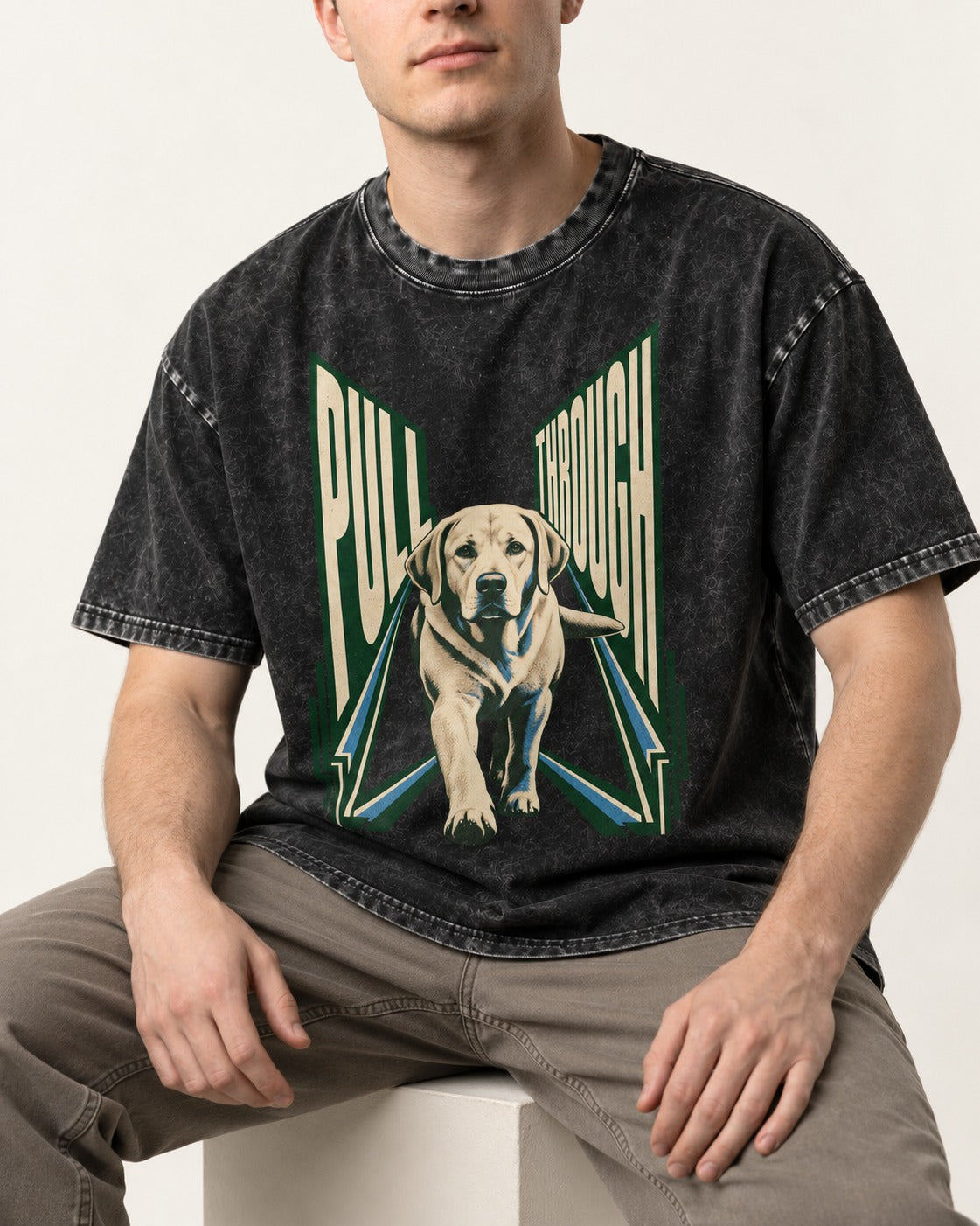 Labrador Retriever Pull Through Perspective Graphic Washed Tee in Black, worn by a seated model