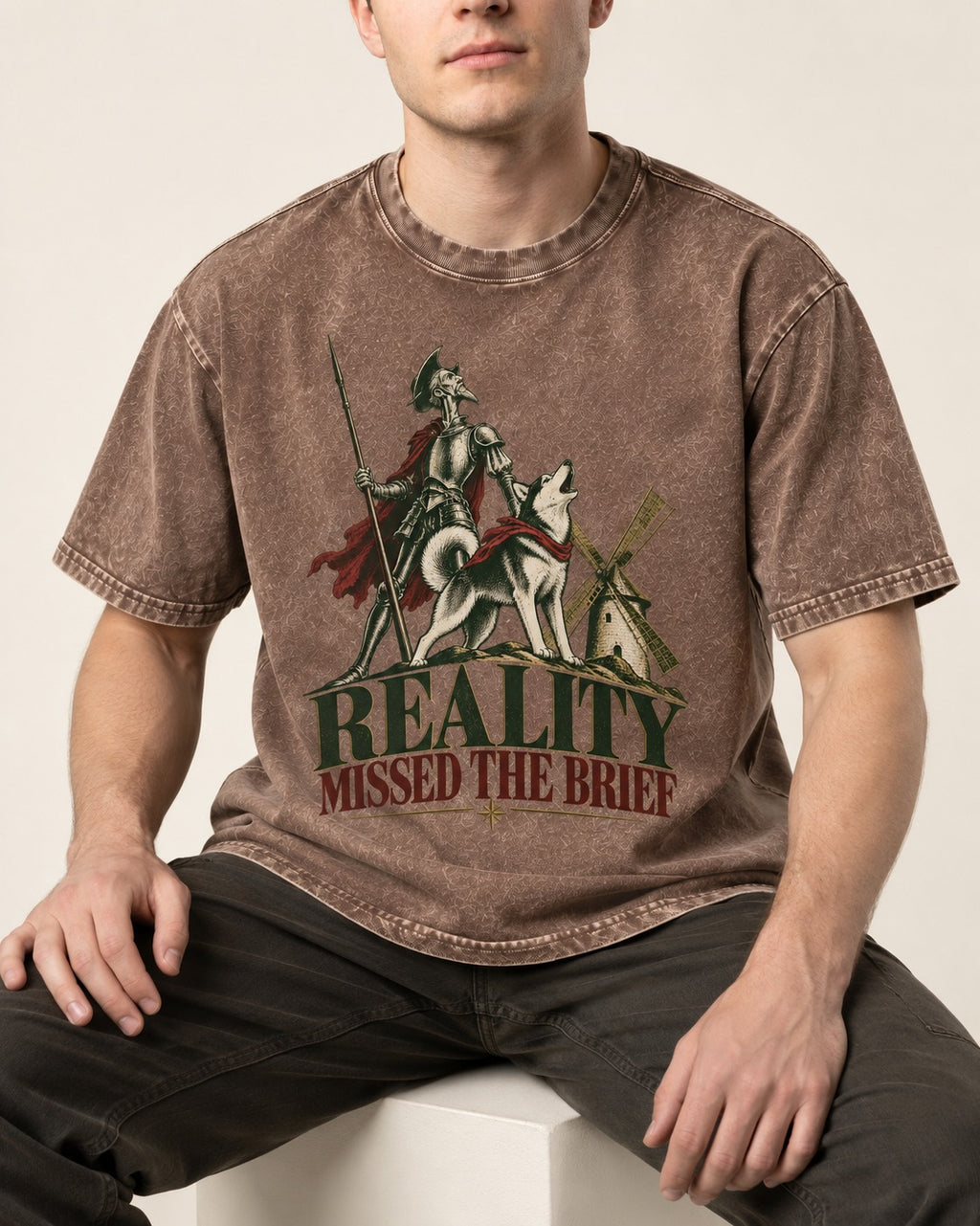 Reality Missed the Husky Brief Washed Tee in Coffee, worn by a seated model