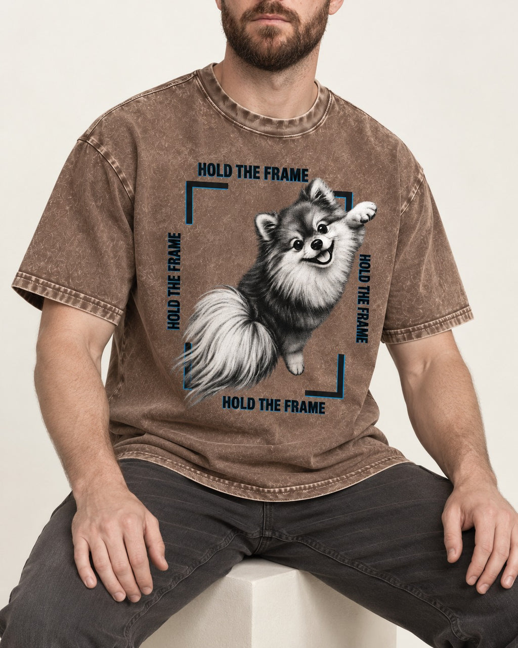 Hold the Frame Pomeranian Washed Tee in Coffee, worn by a seated model
