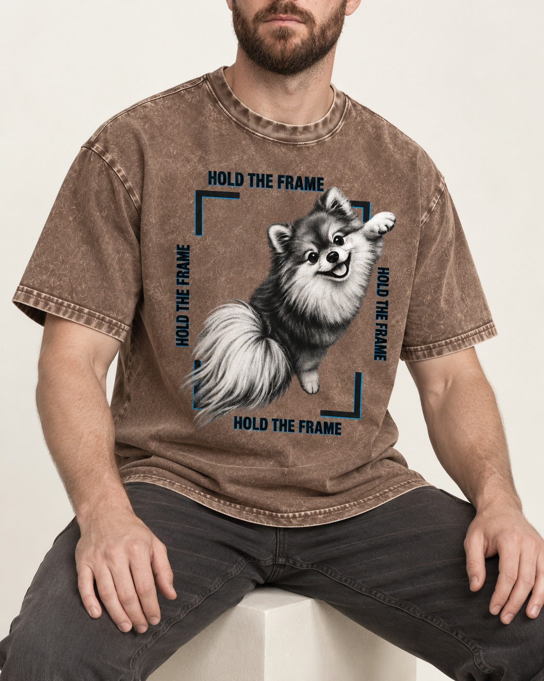 Hold the Frame Pomeranian Washed Tee in Coffee, worn by a seated model