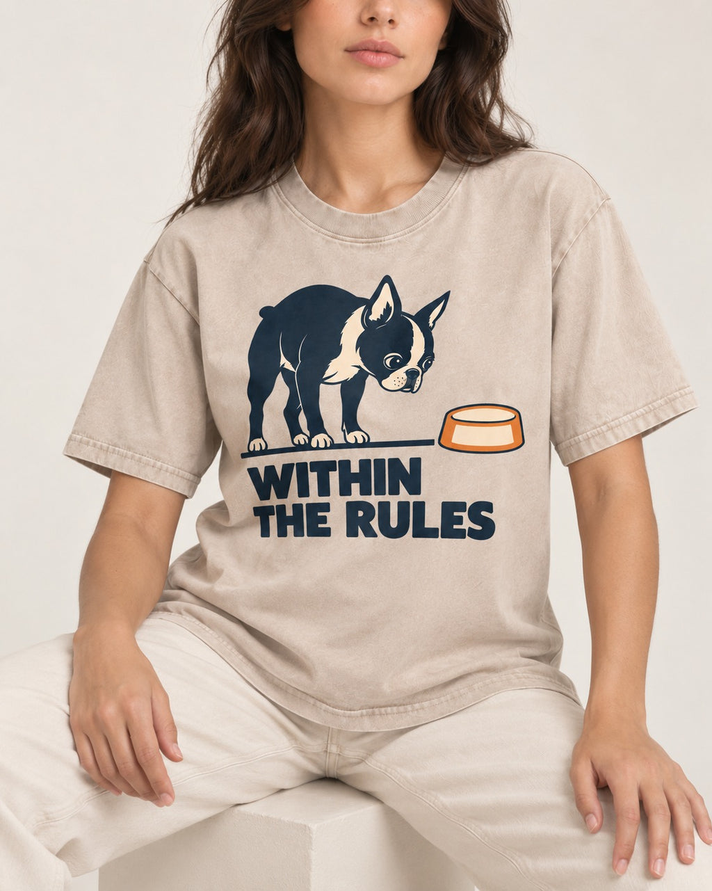 Within the Rules Boston Terrier Washed Tee in Apricot, worn by a seated model