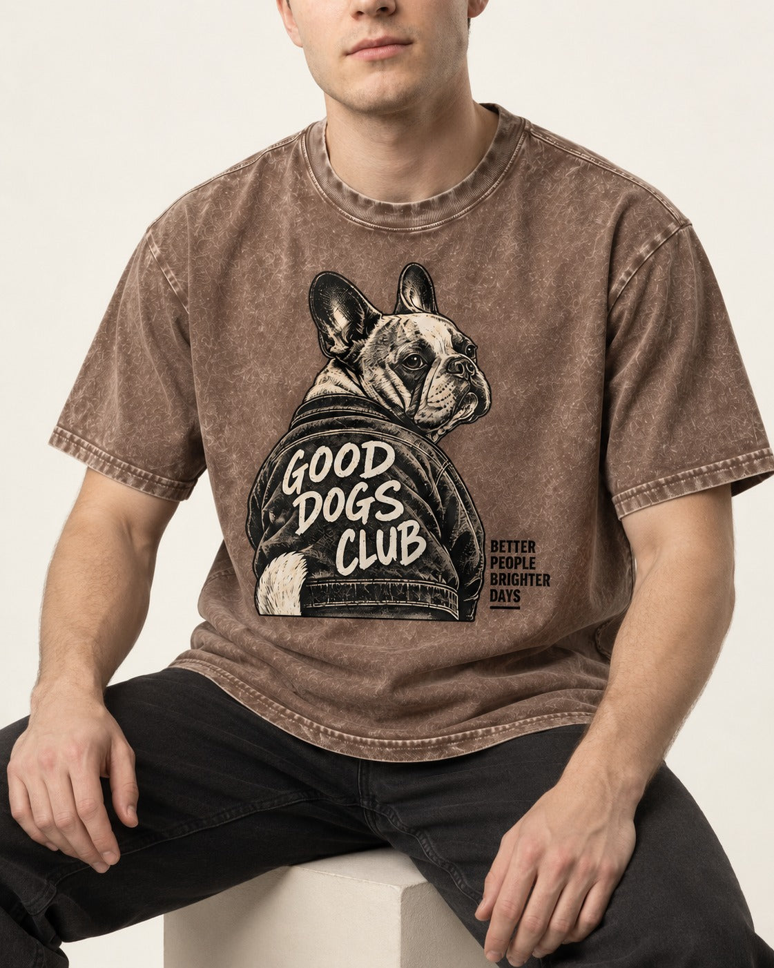 Good Frenchie Club Washed Tee in Coffee, worn by a seated model