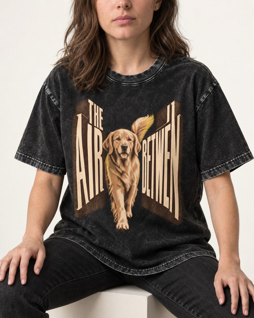 The Air Between Dimensional Golden Retriever Graphic Washed Tee in Black, worn by a seated model