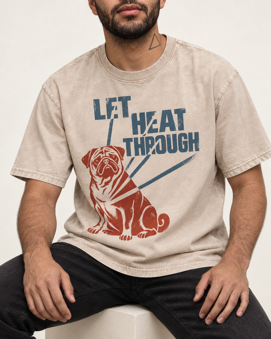 Let the Pug Through Washed Tee in Apricot, worn by a seated model