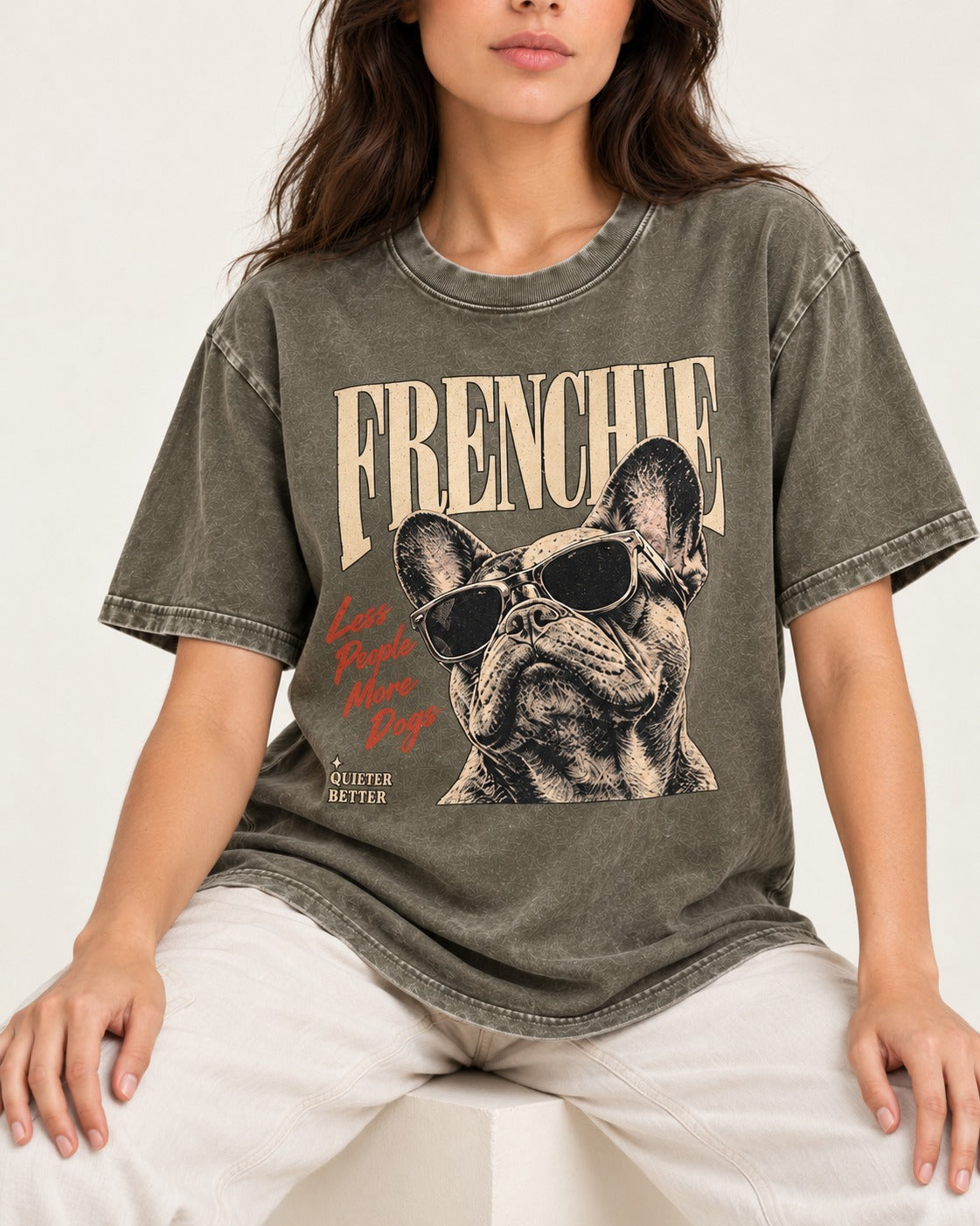 Frenchie Less People More Dogs Sunglasses Graphic Washed Tee in Army Green, worn by a seated model