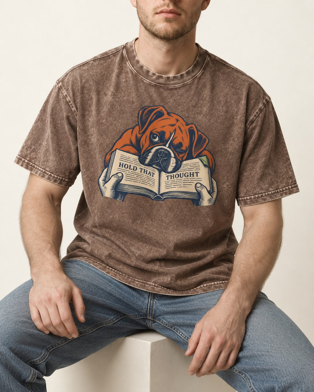 Boxer Hold That Thought Washed Tee in Coffee, worn by a seated model