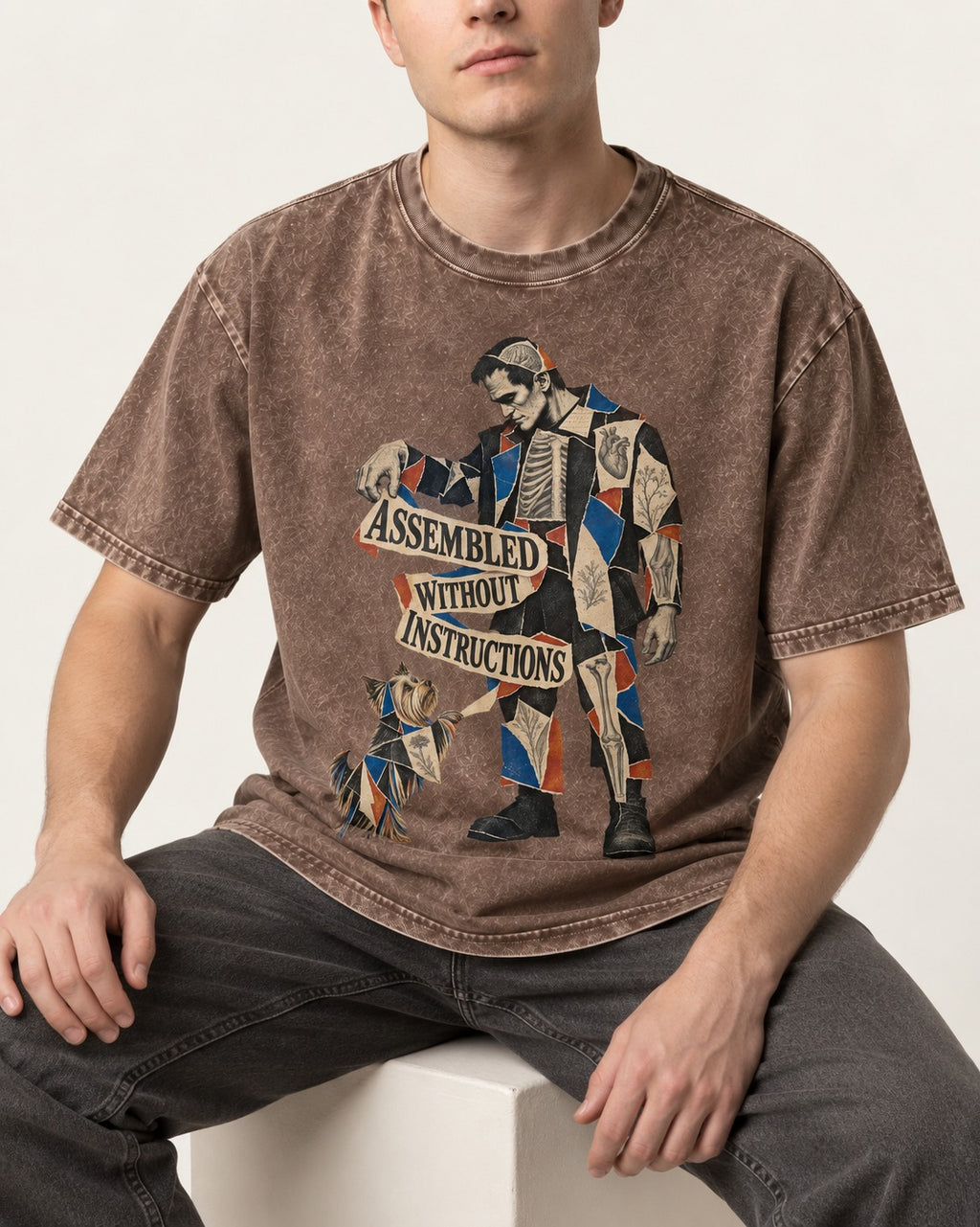 Yorkshire Terrier Assembled Without Instructions Washed Tee in Coffee, worn by a seated model