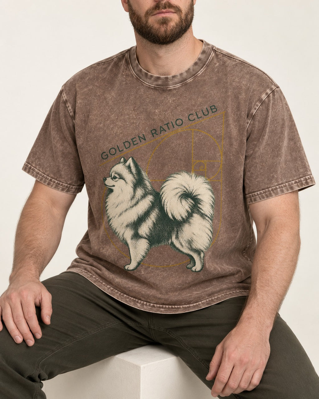 Pomeranian Golden Ratio Club Washed Tee in Coffee, worn by a seated model