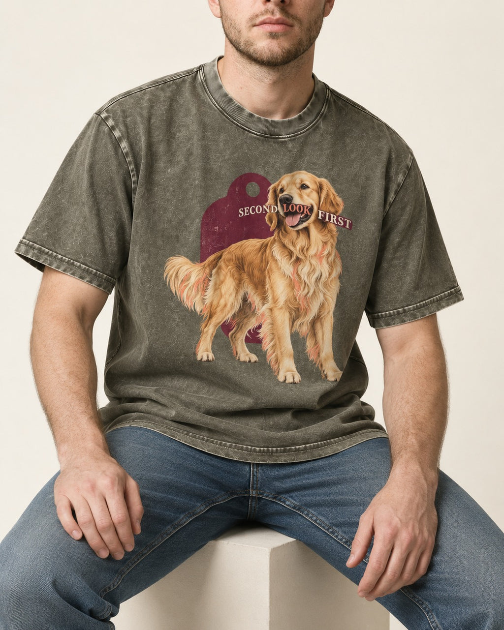 Golden Retriever Second Look First Tag Portrait Graphic Washed Tee in Army Green, worn by a seated model