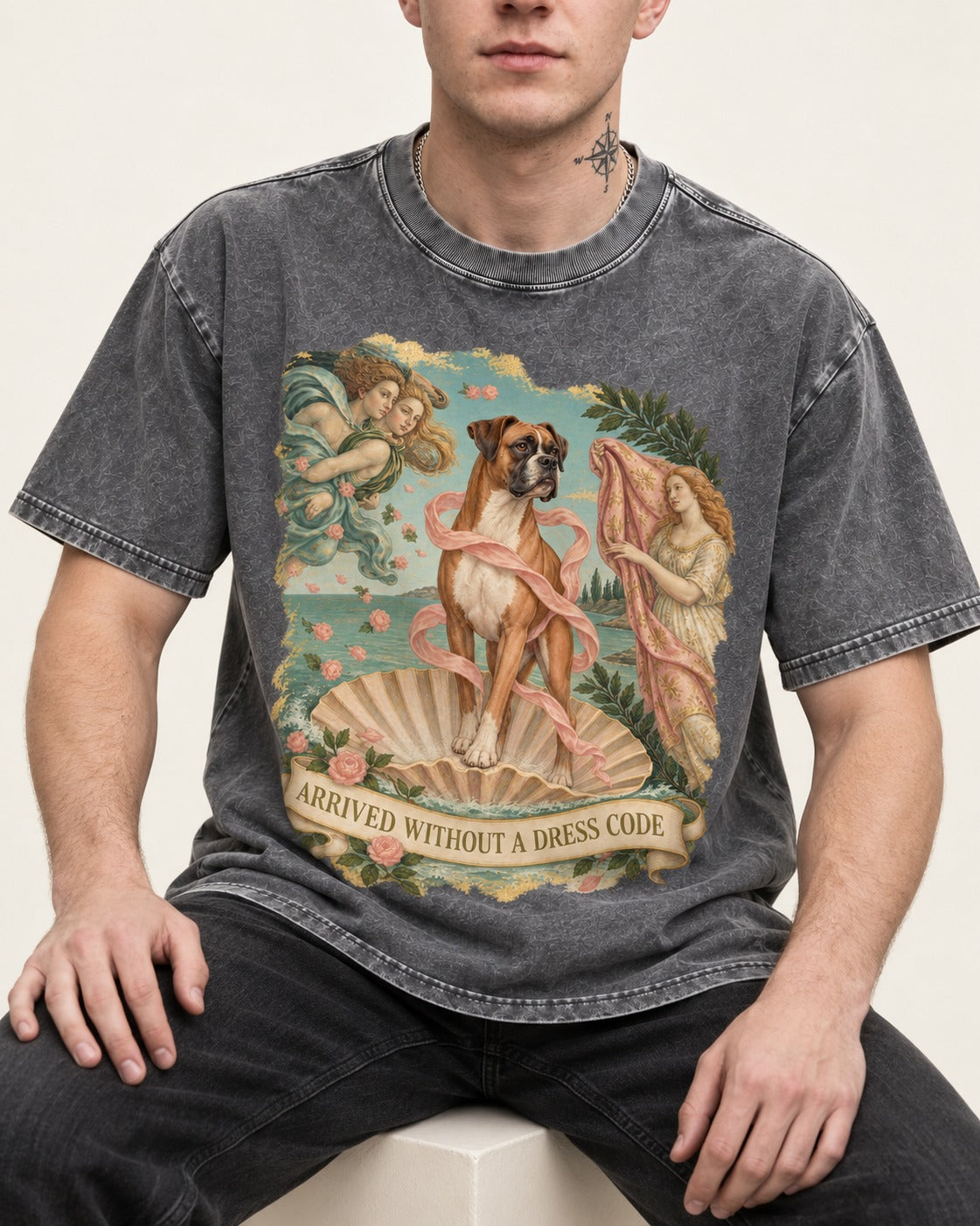 Arrived Without a Dress Code Boxer Classical Collage Washed Tee in Gray, worn by a seated model