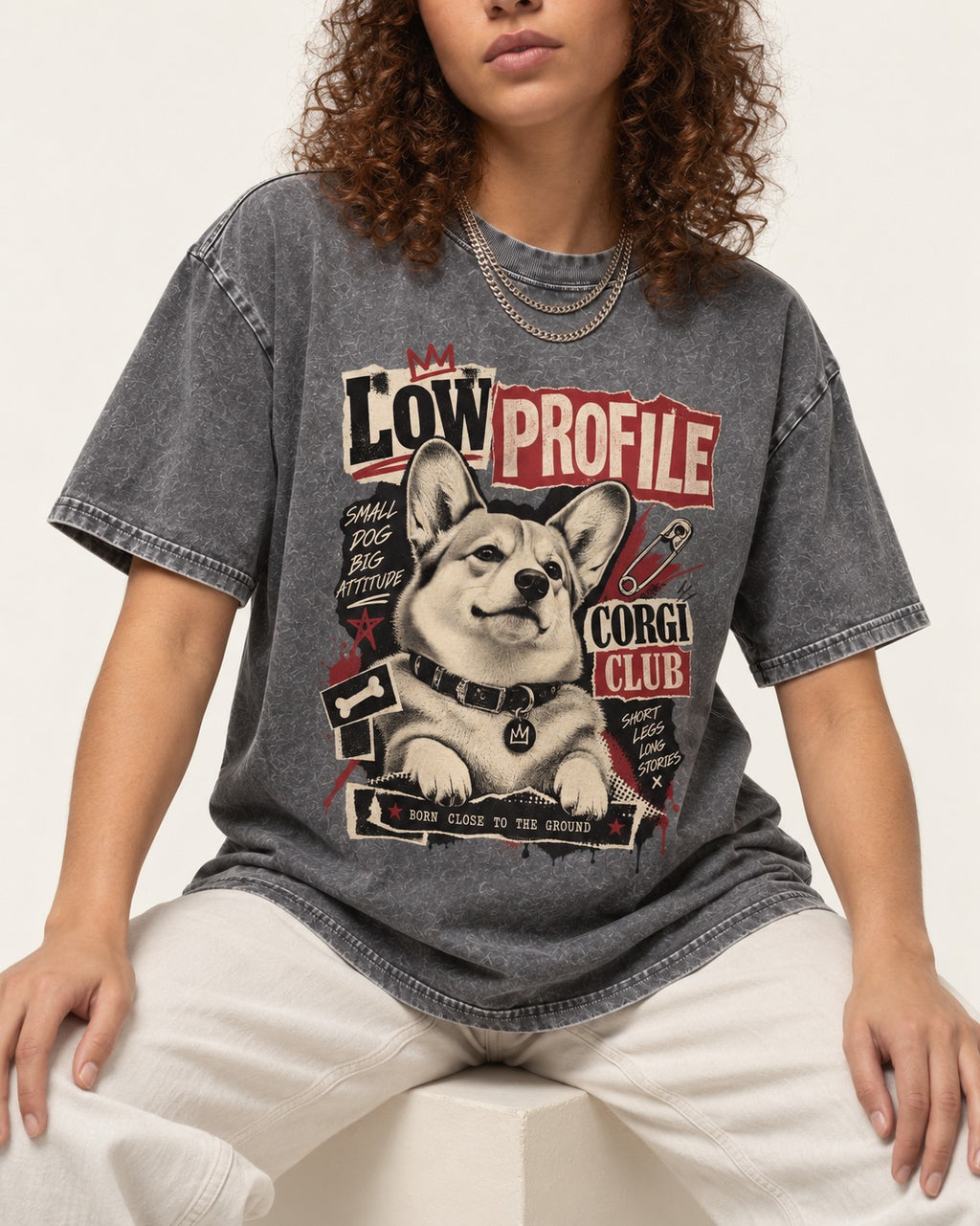 Corgi Low Profile Corgi Club Punk Collage Graphic Washed Tee in Gray, worn by a seated model