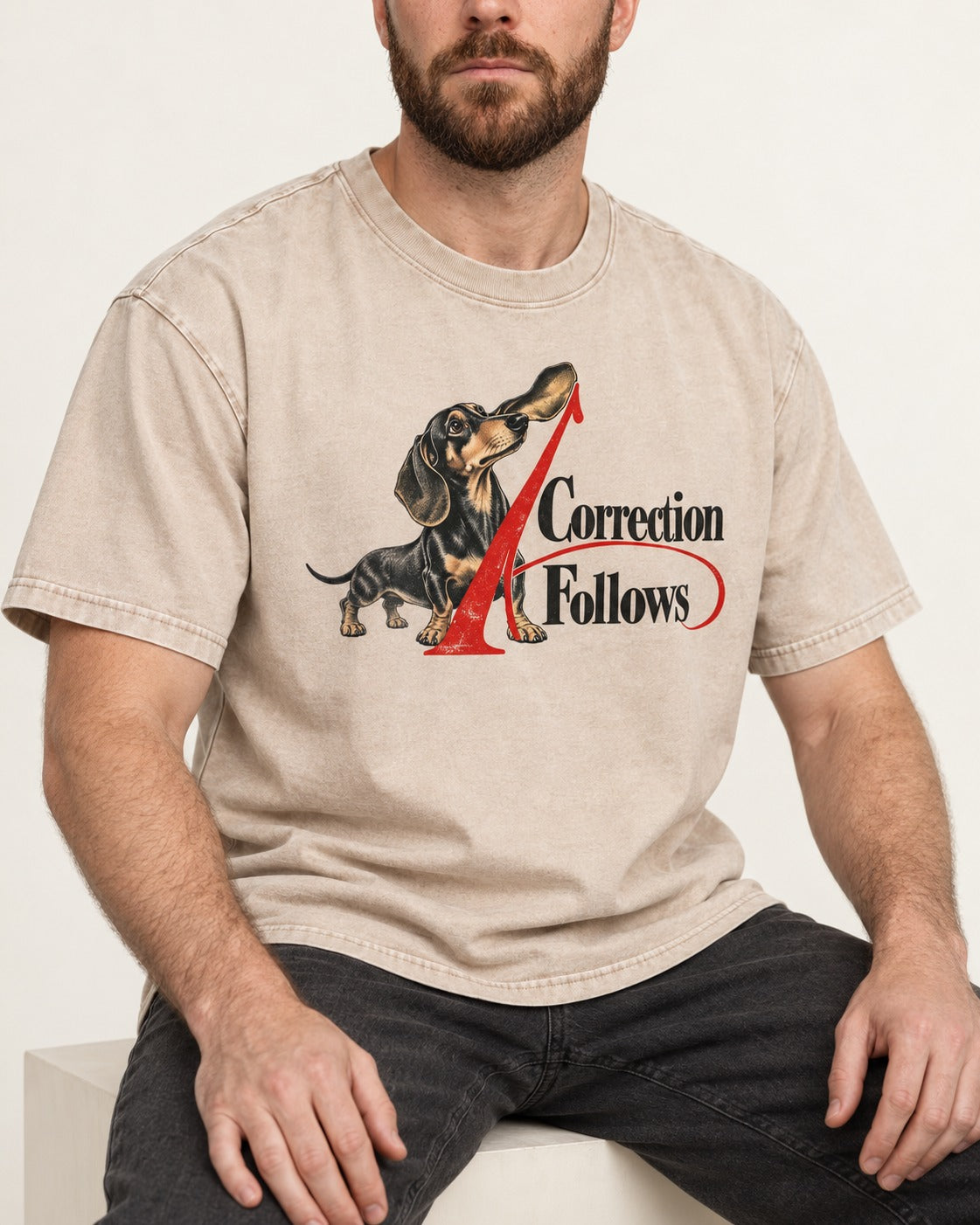 A Dachshund Correction Follows Washed Tee in Apricot, worn by a seated model