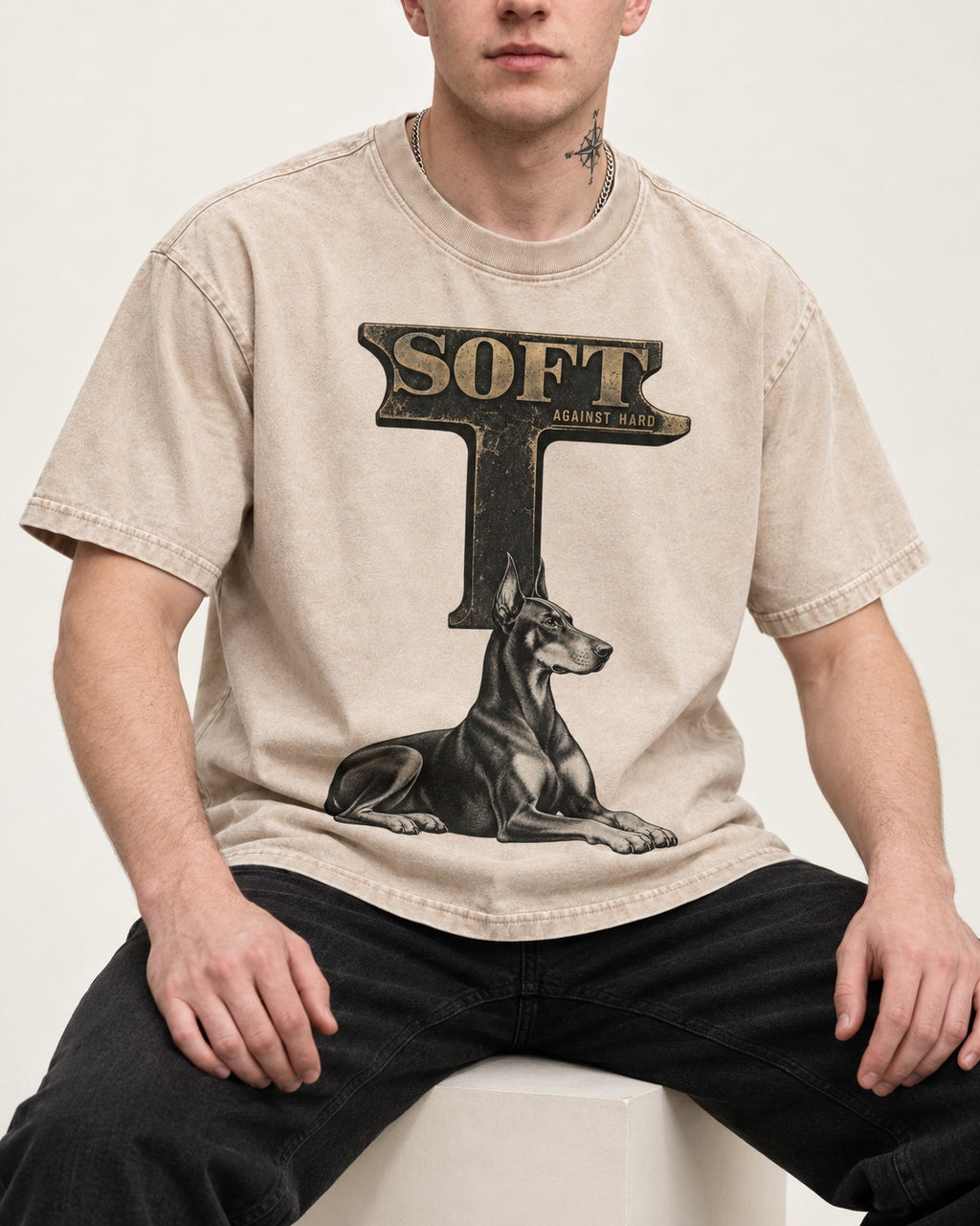 Soft Against Hard Doberman Washed Tee in Apricot, worn by a seated model
