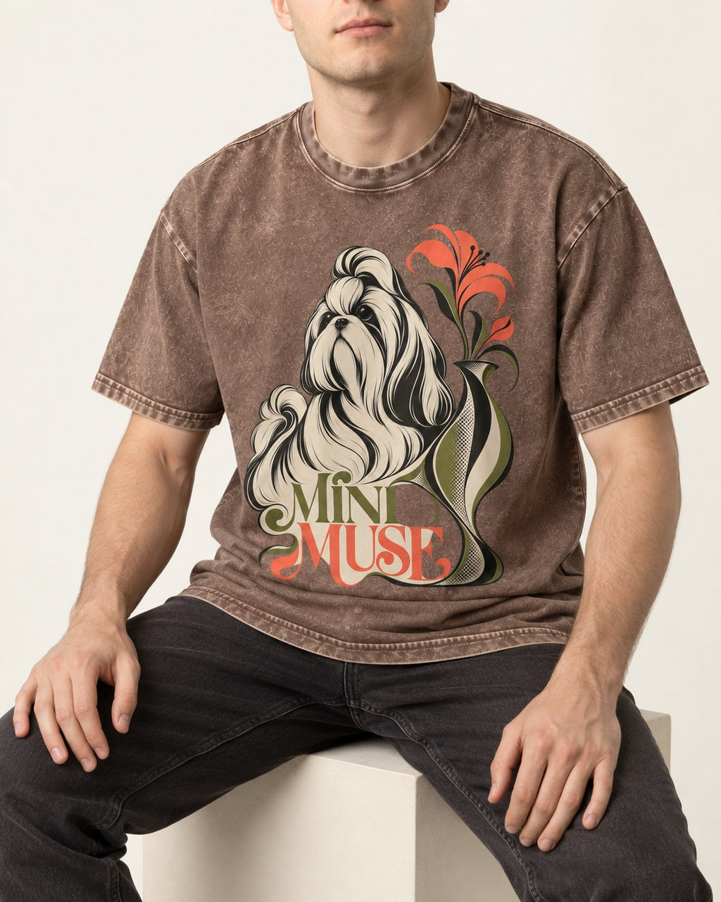 Shih Tzu Mini Muse Washed Tee in Coffee, worn by a seated model