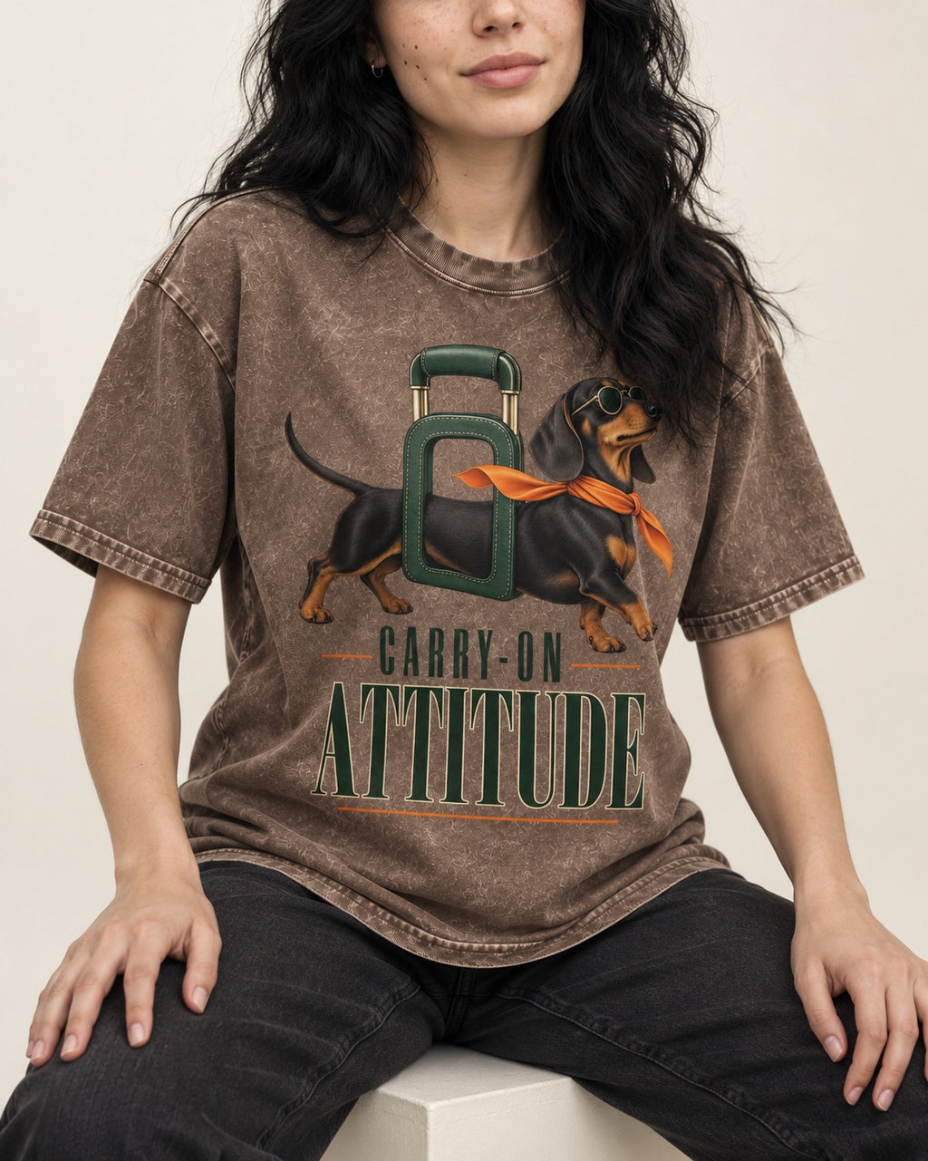 Dachshund Carry on Attitude Washed Tee in Coffee, worn by a seated model