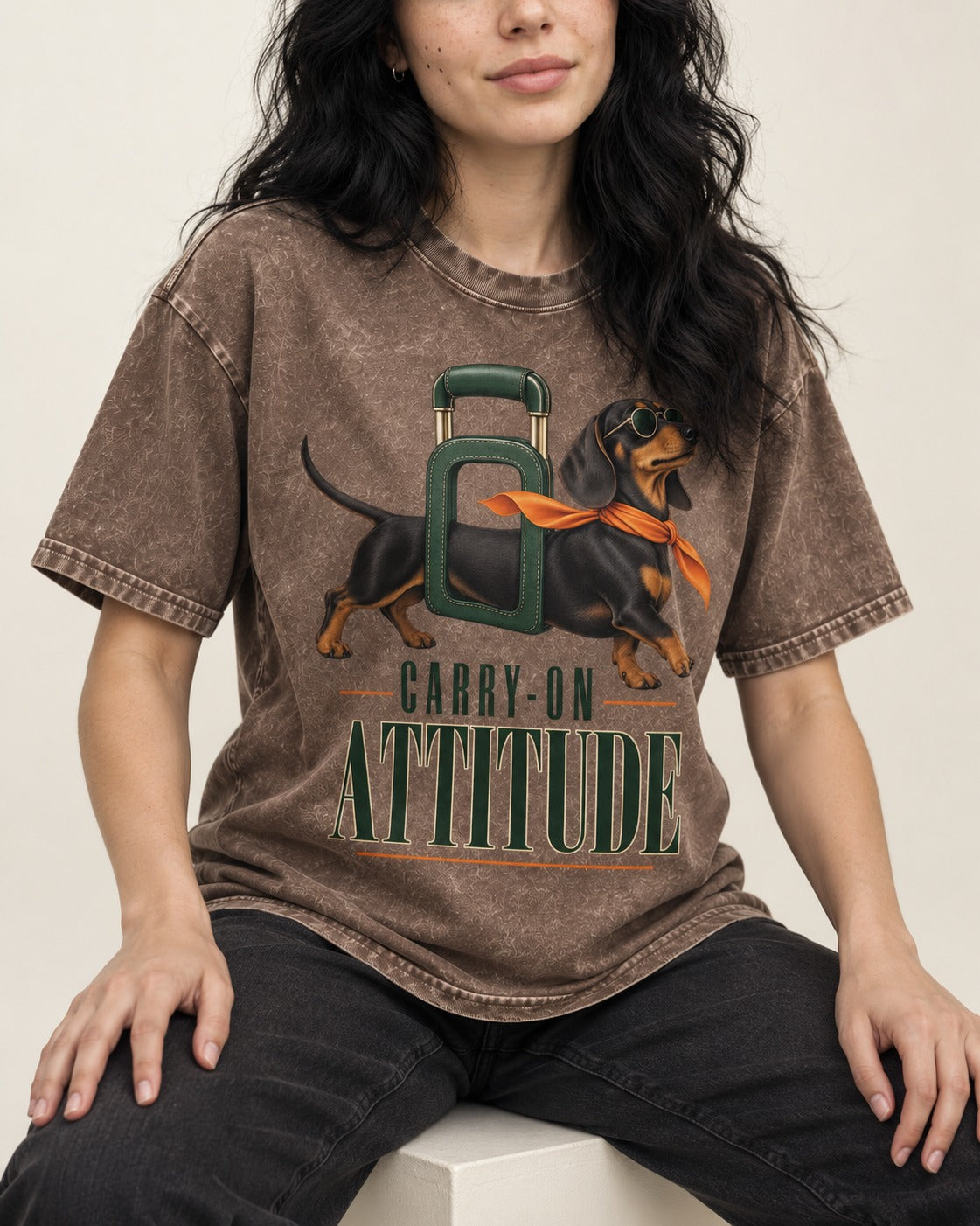 Dachshund Carry on Attitude Washed Tee in Coffee, worn by a seated model