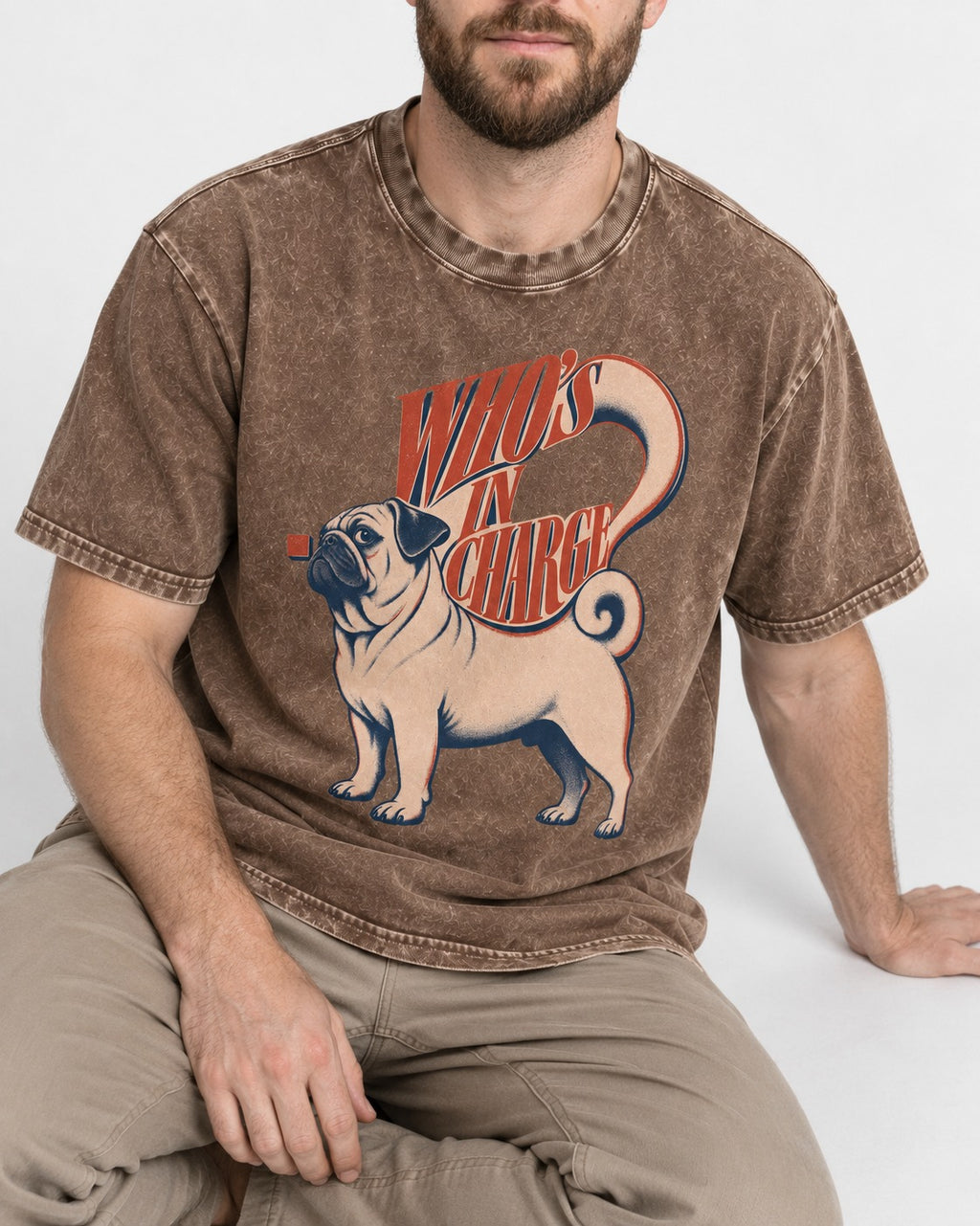 Pug In Charge Washed Tee in Coffee, worn by a seated model