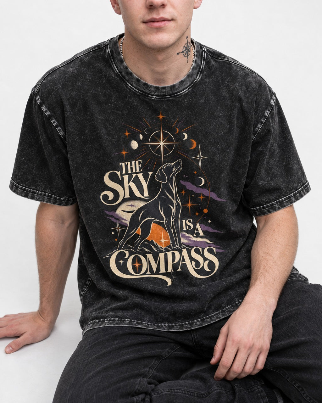 The Sky Is a Compass Celestial German Shorthaired Pointer Graphic Washed Tee in Black, worn by a seated model