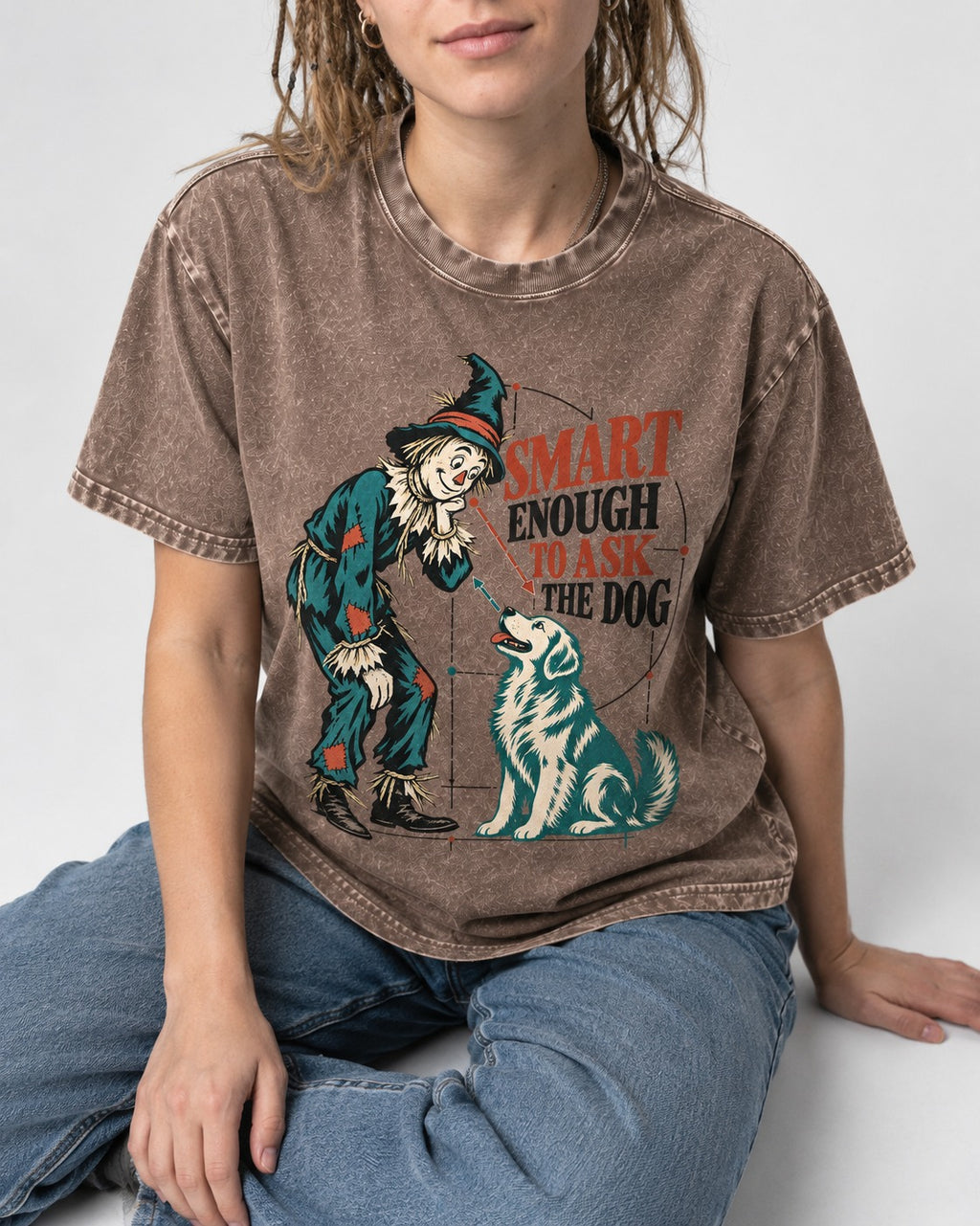 Ask the Golden Retriever Washed Tee in Coffee, worn by a seated model