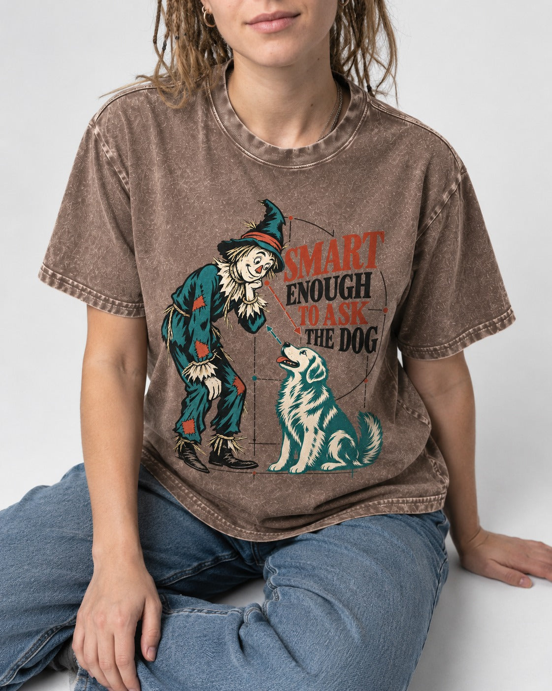 Ask the Golden Retriever Washed Tee in Coffee, worn by a seated model