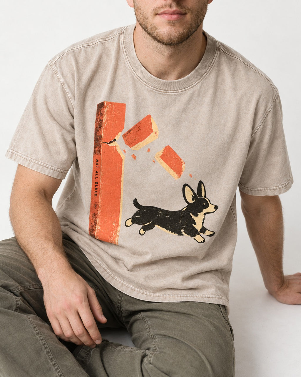 Not All Glued Corgi Washed Tee in Apricot, worn by a seated model