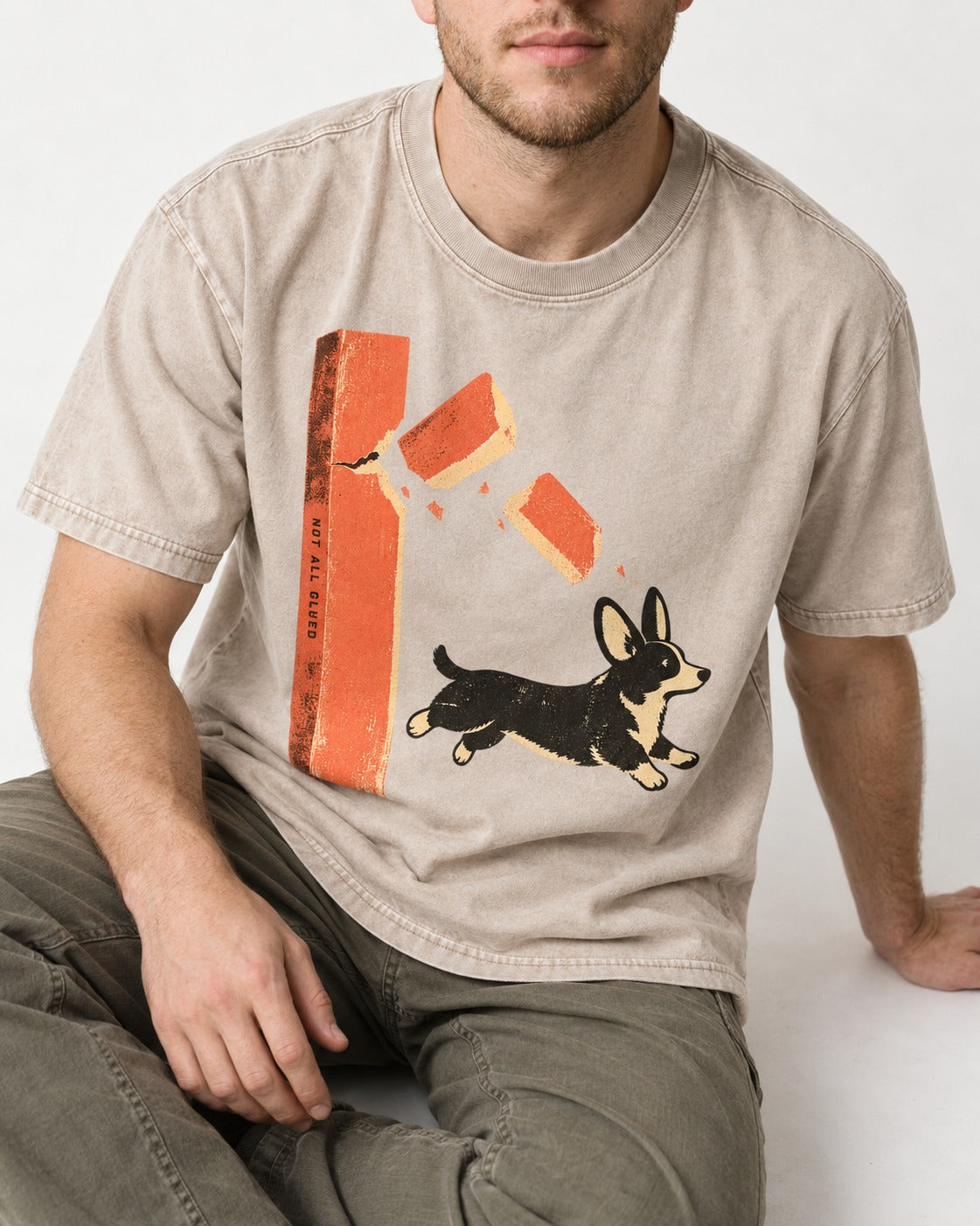 Not All Glued Corgi Washed Tee in Apricot, worn by a seated model