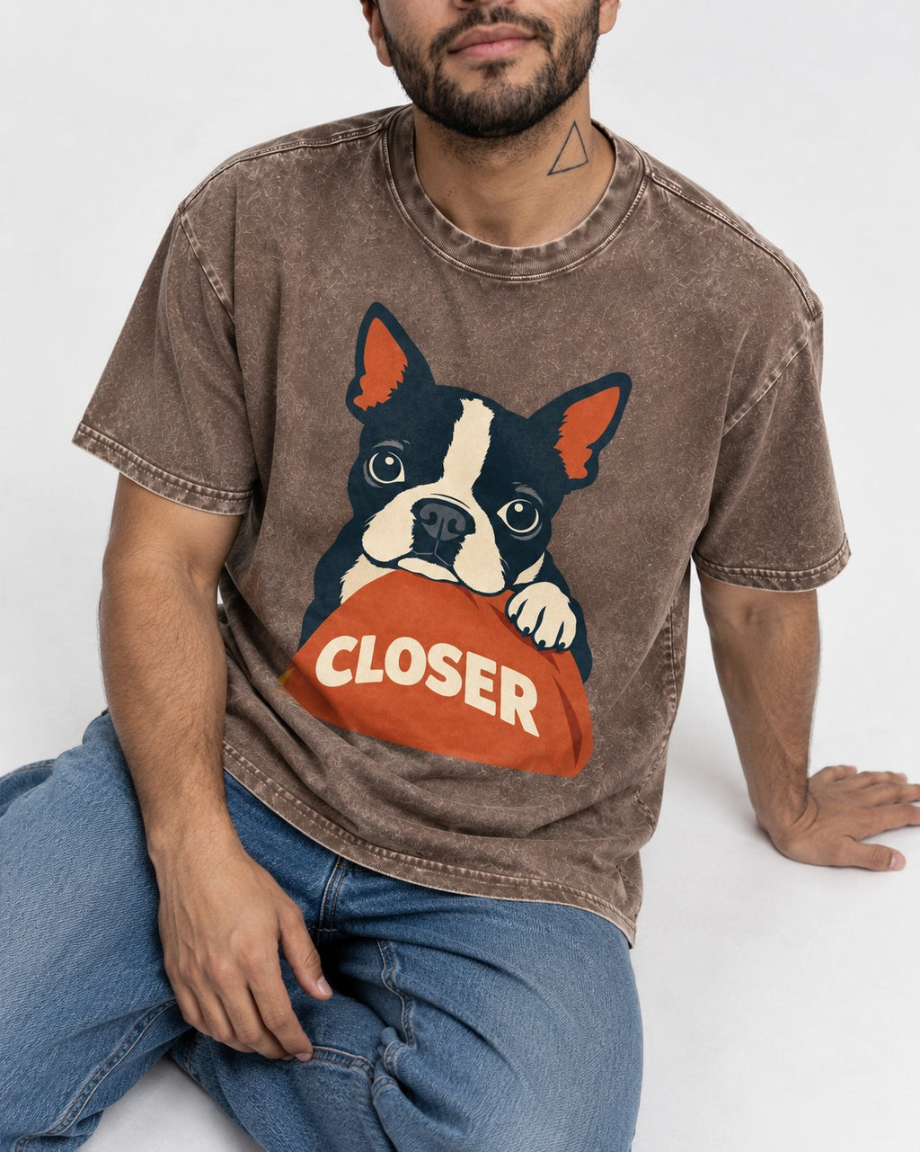 Come Closer Boston Terrier Washed Tee in Coffee, worn by a seated model