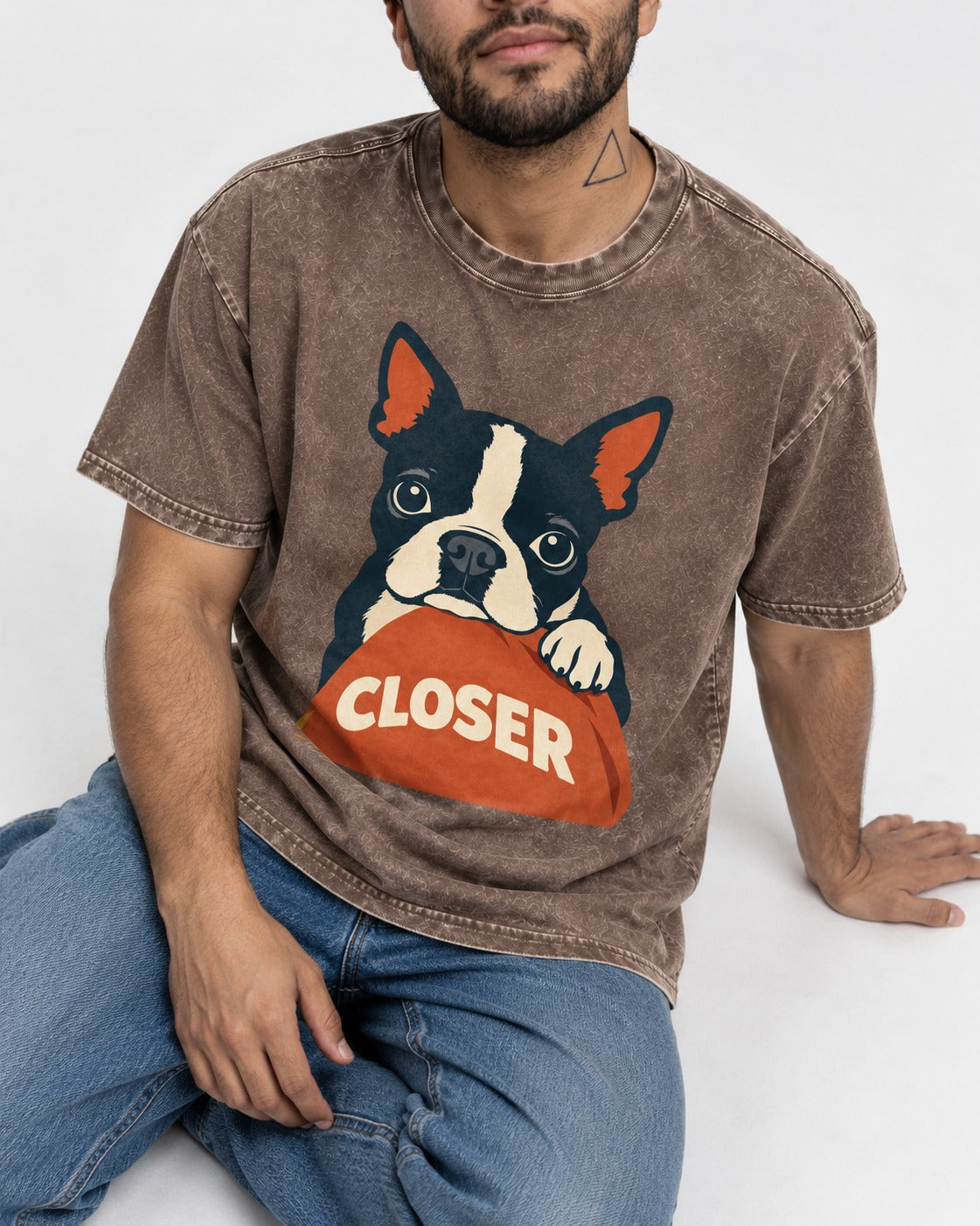 Come Closer Boston Terrier Washed Tee in Coffee, worn by a seated model