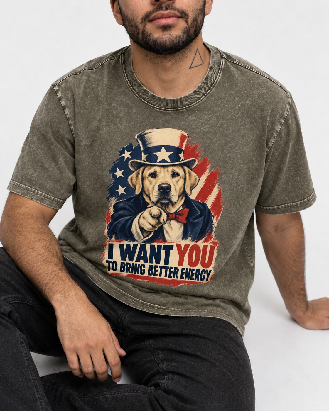 Labrador Retriever I Want You to Bring Better Energy Uncle Sam Graphic Washed Tee in Army Green, worn by a seated model