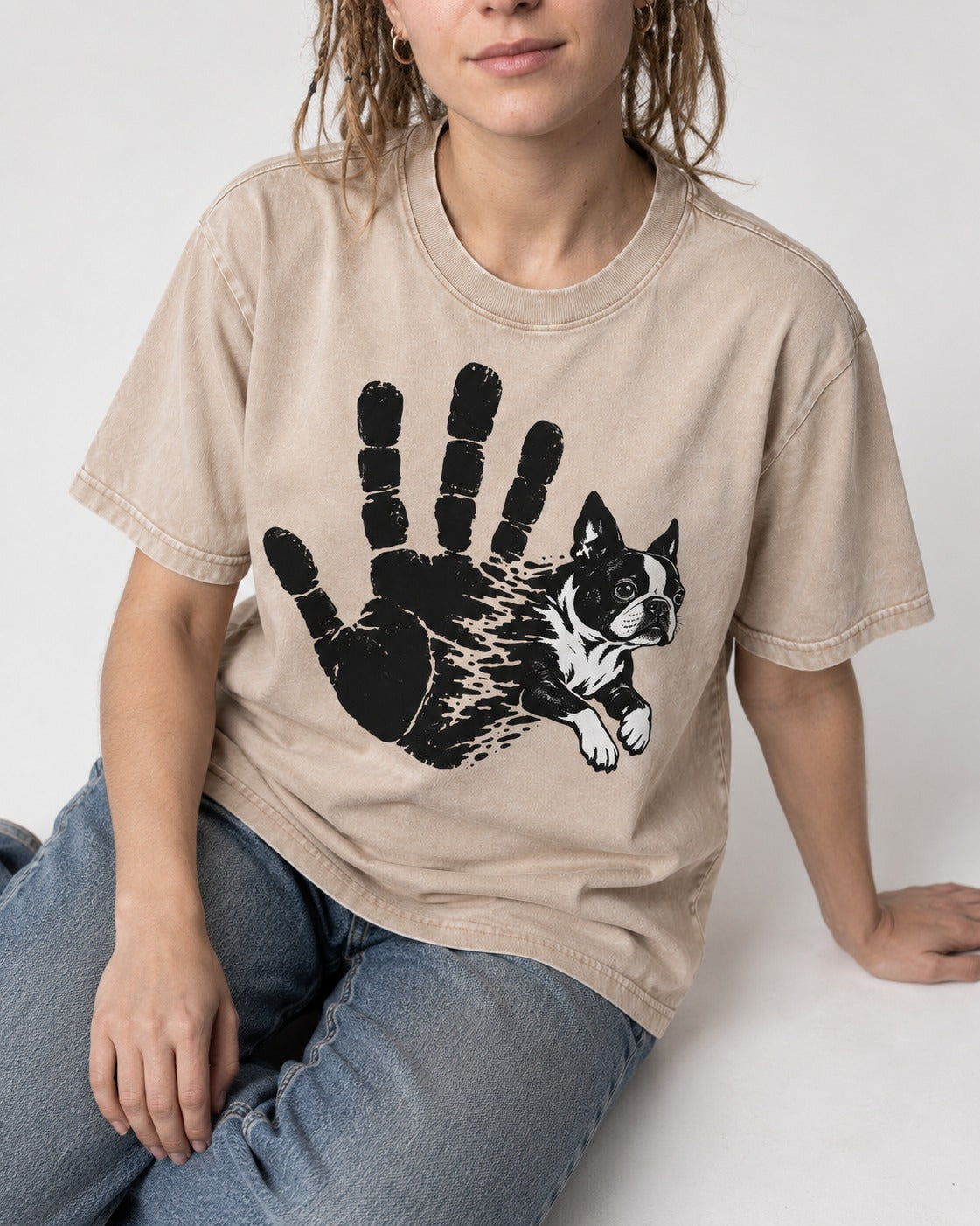 Boston Terrier High Five Washed Tee in Apricot, worn by a seated model