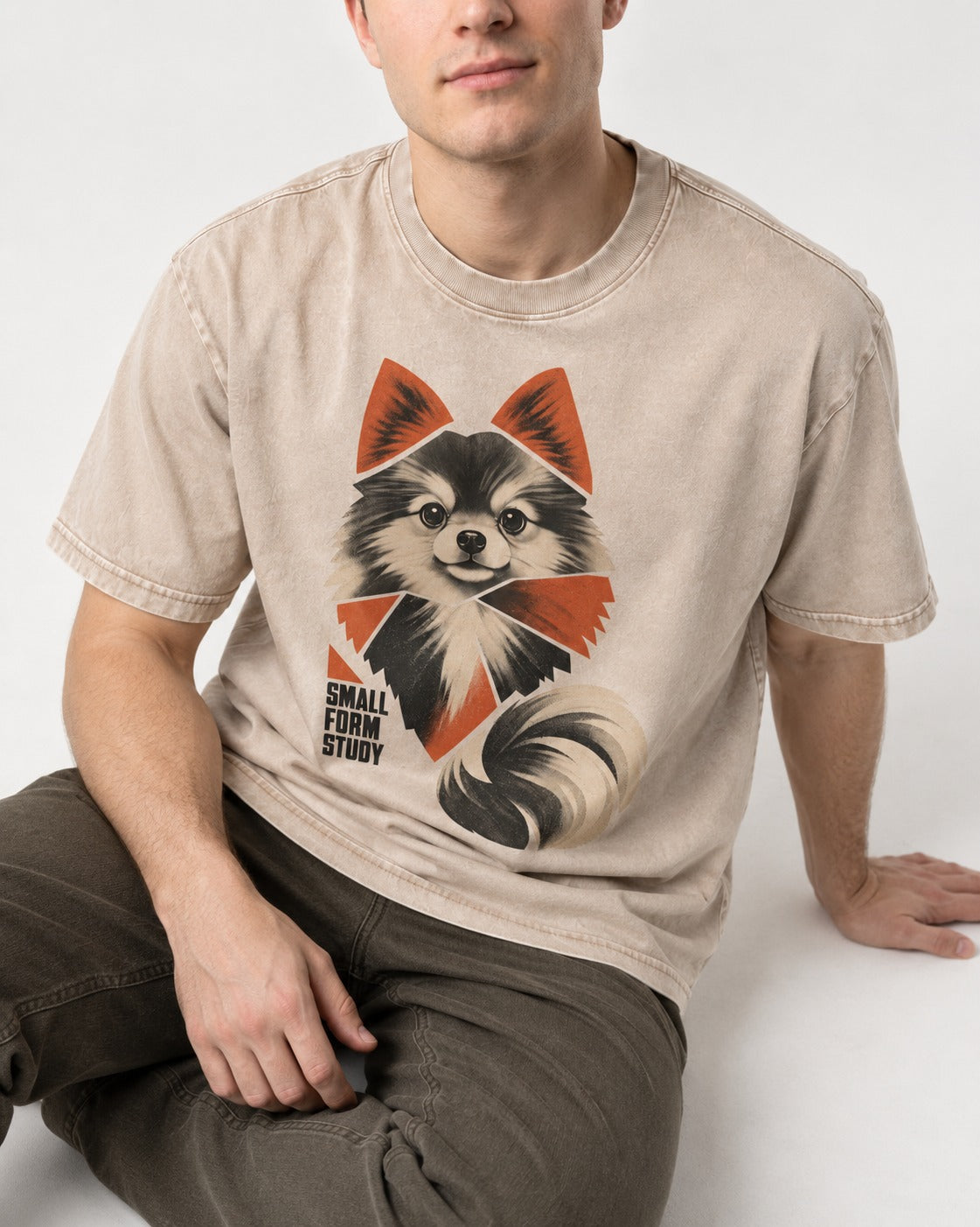 Pomeranian Small Form Study Washed Tee in Apricot, worn by a seated model