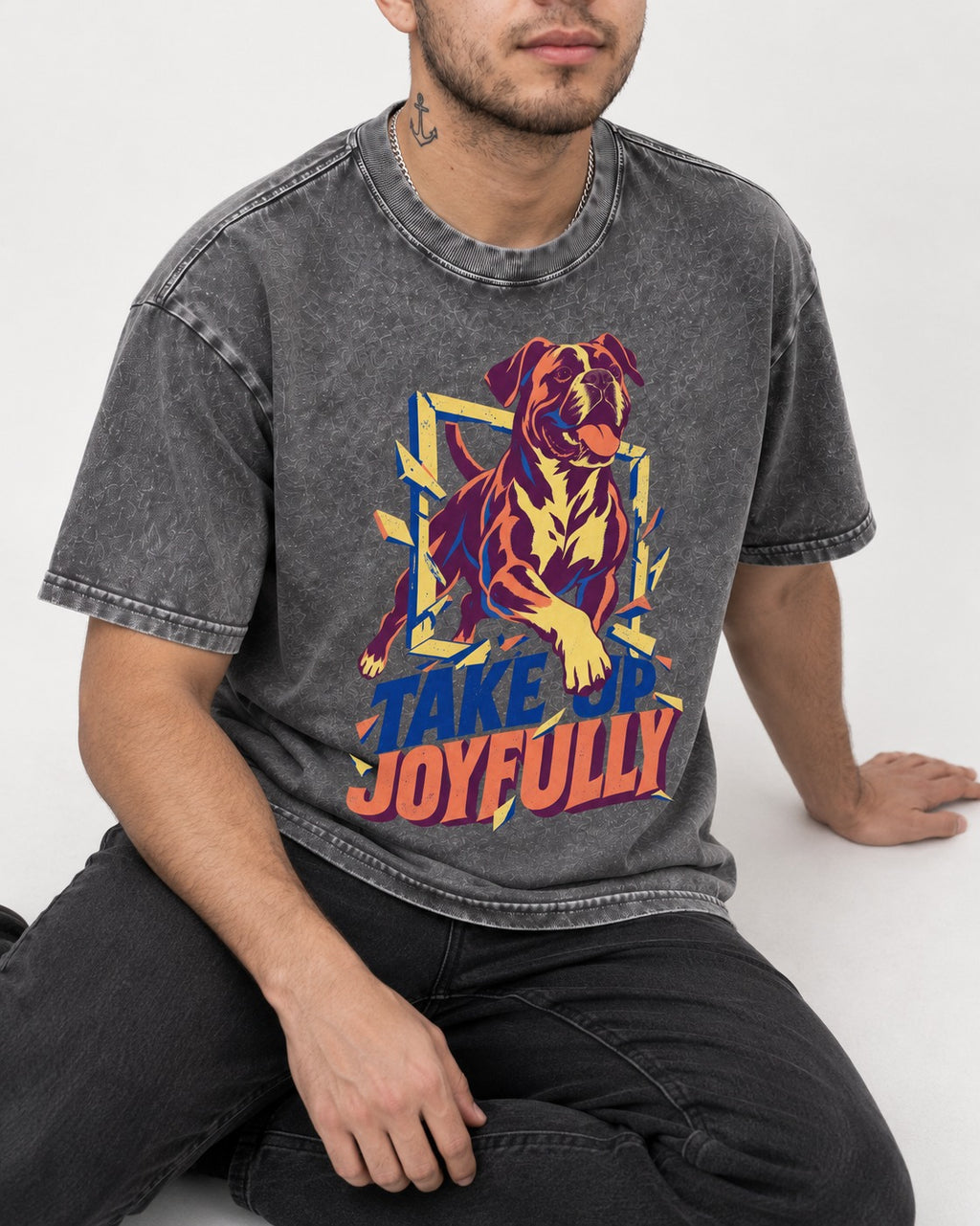 Take Up Joyfully Boxer Breakthrough Graphic Washed Tee in Gray, worn by a seated model
