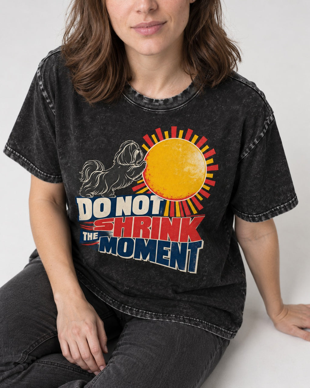 Shih Tzu Do Not Shrink the Moment Sun Graphic Washed Tee in Black, worn by a seated model