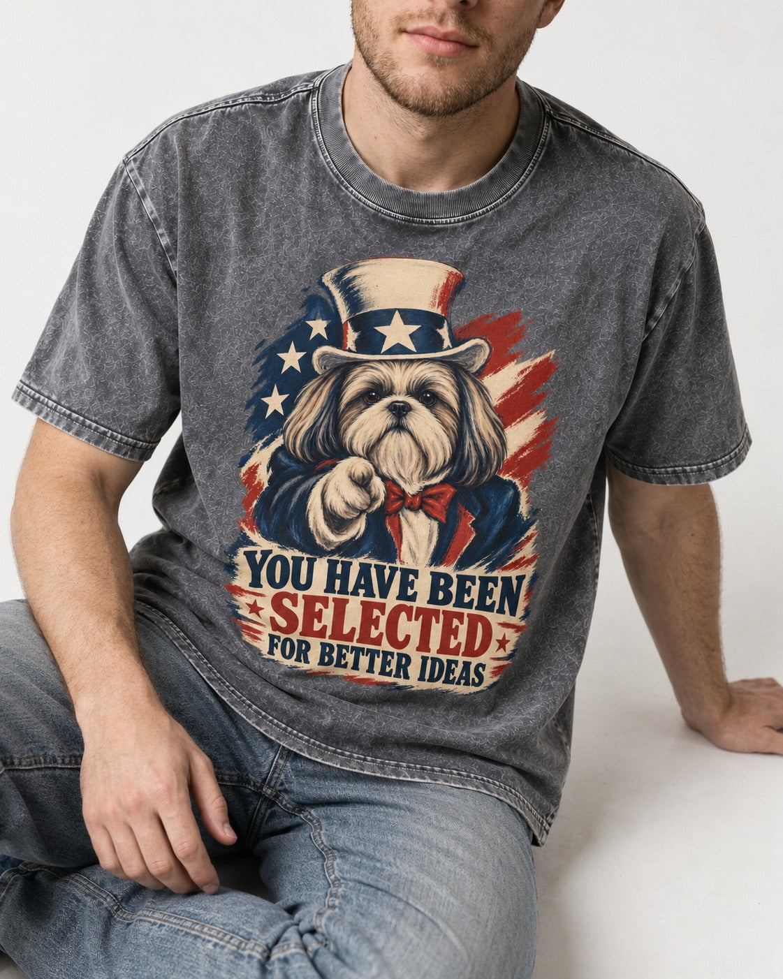 Shih Tzu You Have Been Selected Uncle Sam Graphic Washed Tee in Gray, worn by a seated model