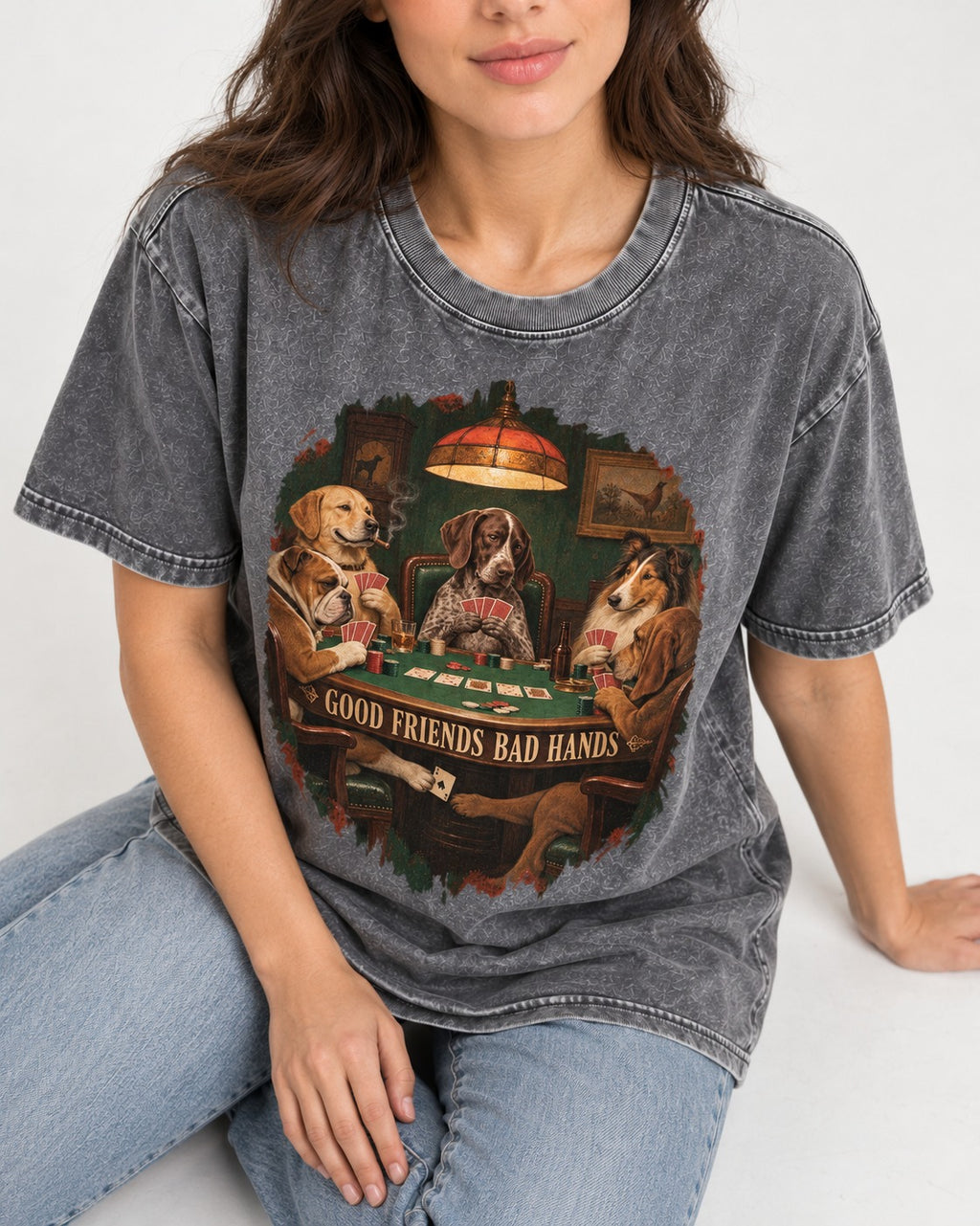 German Shorthaired Pointer Good Friends Bad Hands Poker Night Graphic Washed Tee in Gray, worn by a seated model