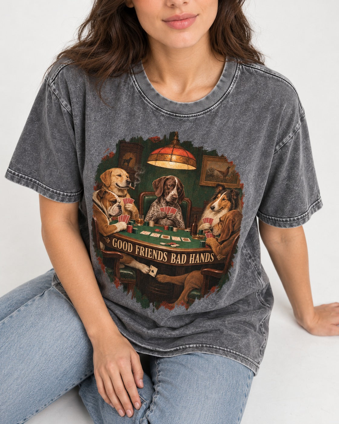 German Shorthaired Pointer Good Friends Bad Hands Poker Night Graphic Washed Tee in Gray, worn by a seated model