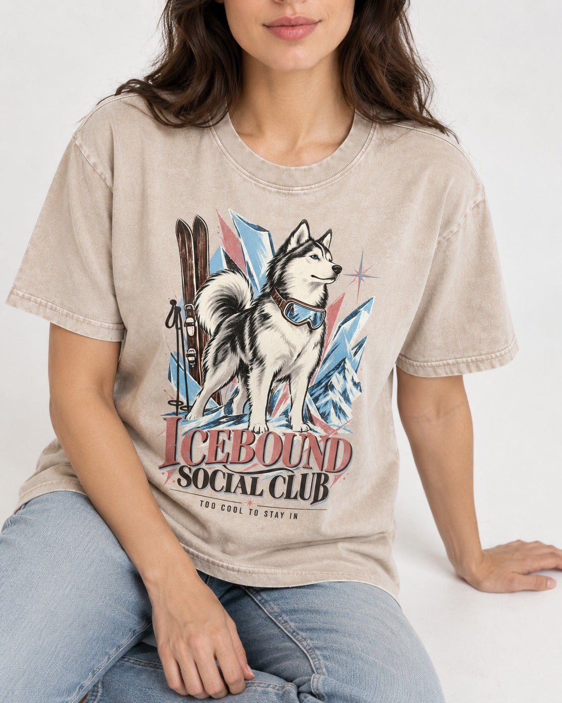 Icebound Husky Washed Tee in Apricot, worn by a seated model