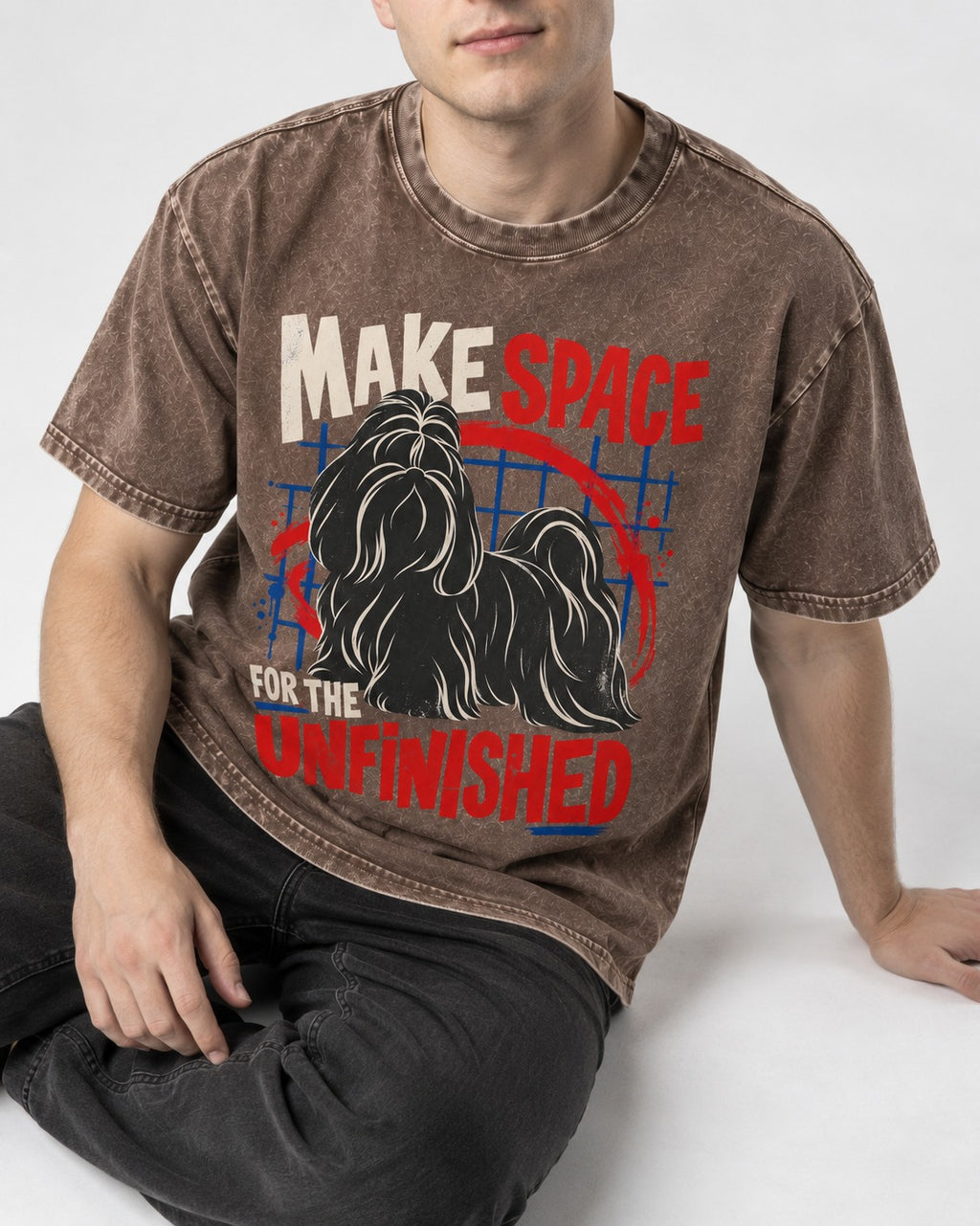 Shih Tzu Make Space for the Unfinished Abstract Circle Graphic Washed Tee in Coffee, worn by a seated model