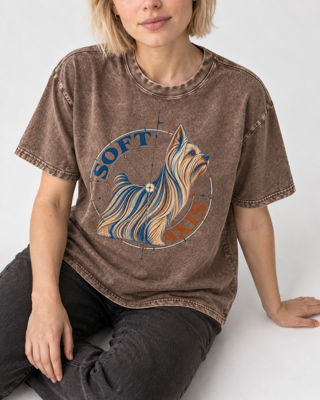 Soft Axis Yorkshire Terrier Washed Tee in Coffee, worn by a seated model