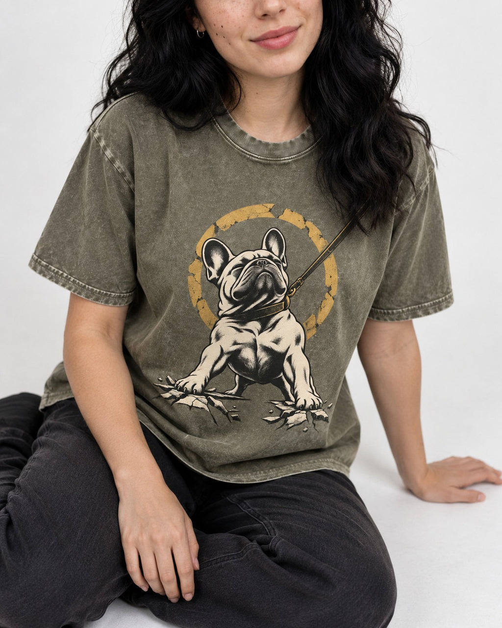 Frenchie Stubborn Leash Monument Graphic Washed Tee in Army Green, worn by a seated model