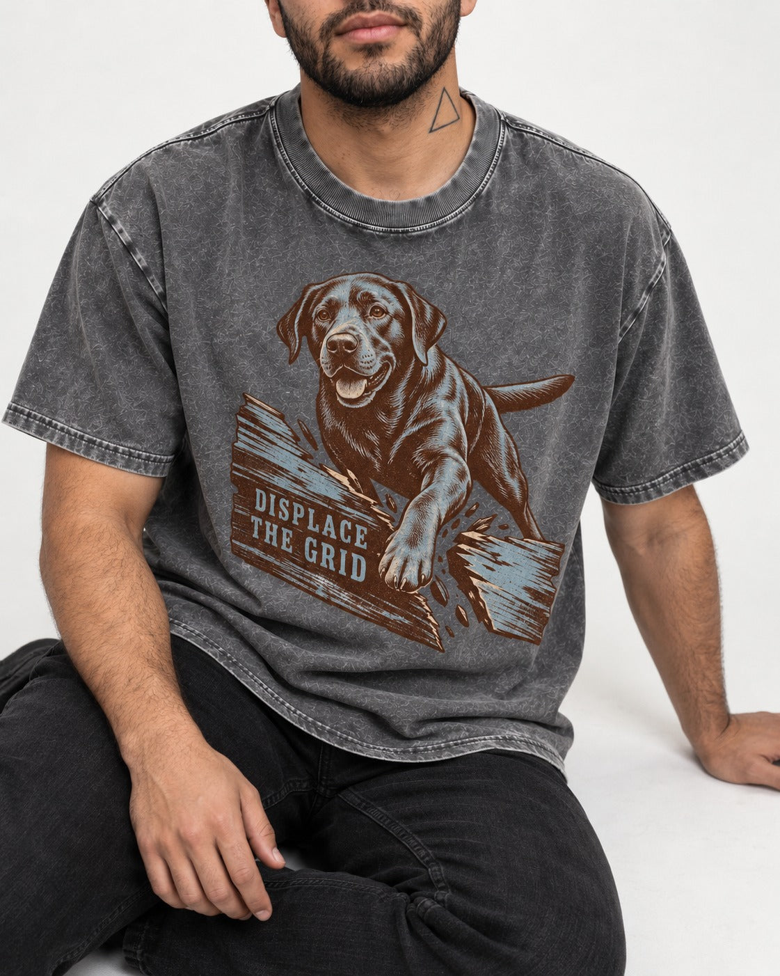 Labrador Retriever Displace the Grid Breaking Plank Graphic Washed Tee in Gray, worn by a seated model