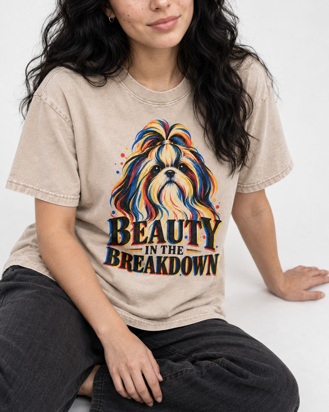 Shih Tzu Beauty in the Breakdown Washed Tee in Apricot, worn by a seated model
