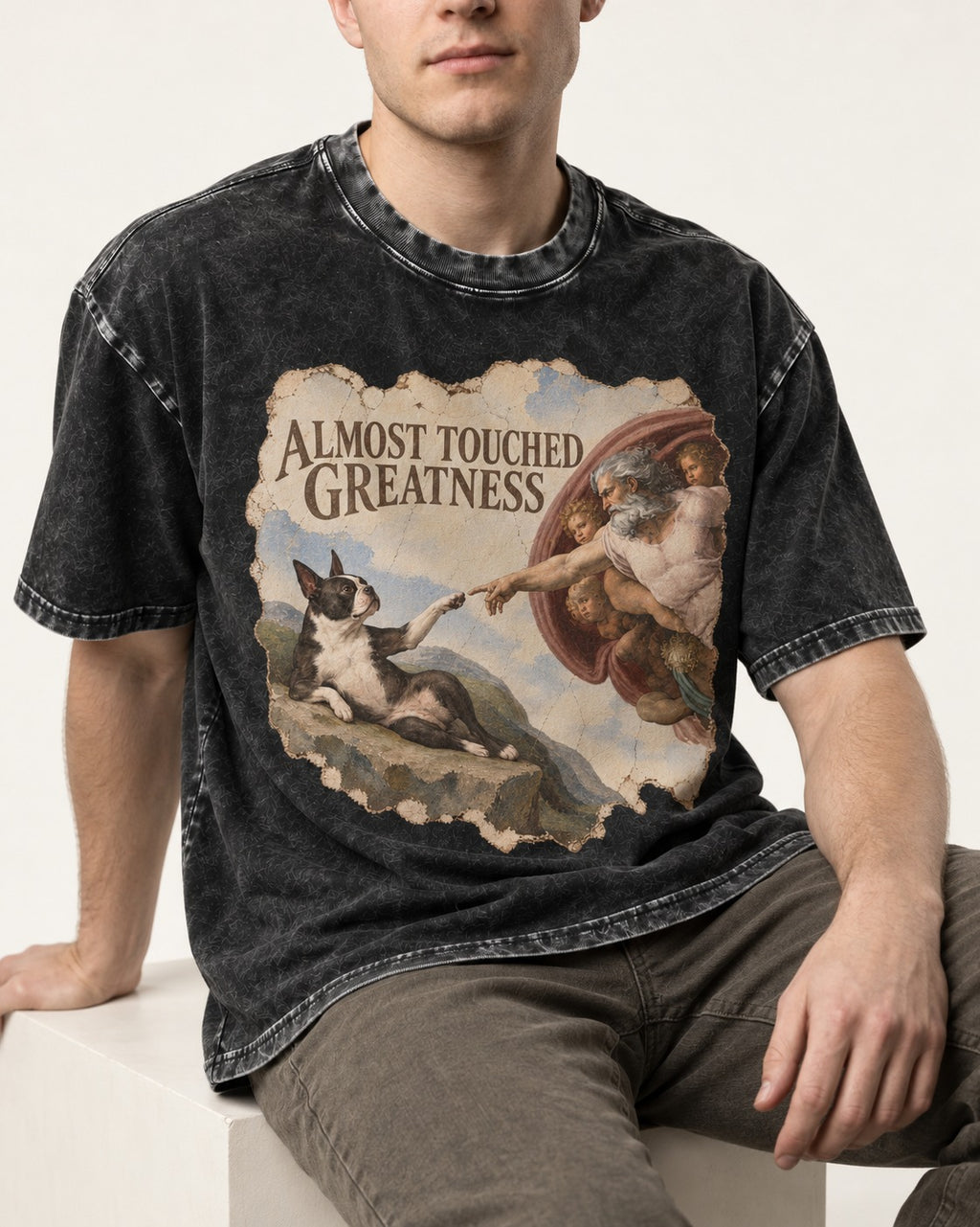 Almost Touched Greatness Boston Terrier Renaissance Parody Washed Tee in Black, worn by a seated model