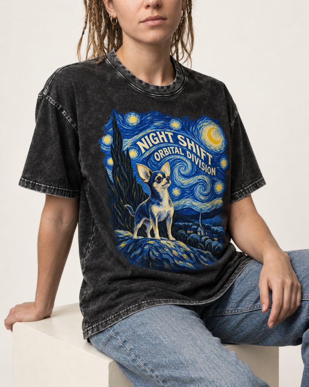 Chihuahua Night Shift Orbital Division Starry Night Graphic Washed Tee in Black, worn by a seated model
