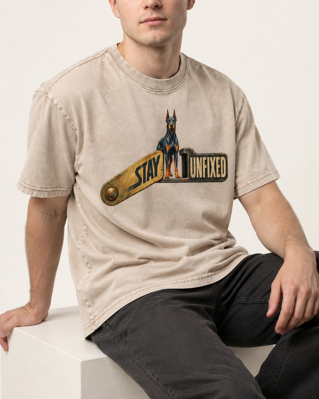 Doberman Stay Unfixed Washed Tee in Apricot, worn by a seated model