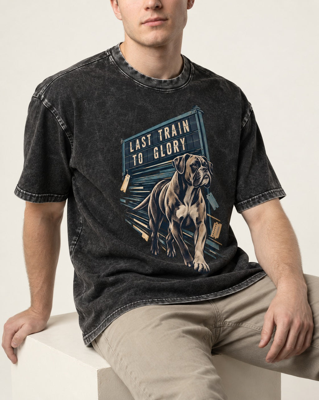 Last Train to Glory Boxer Washed Tee in Black, worn by a seated model