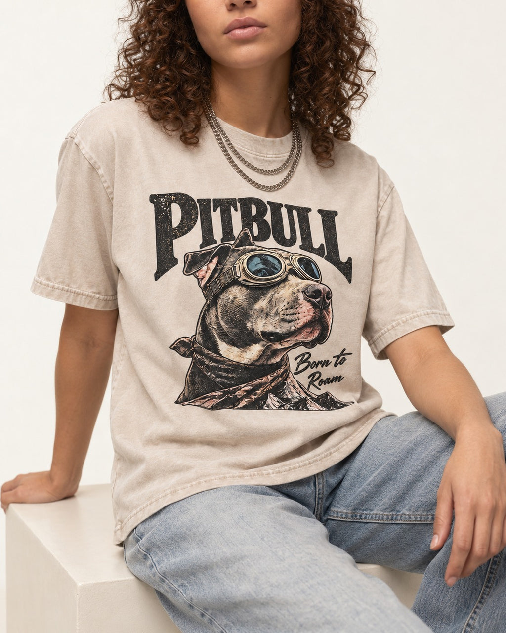 Pitbull Born to Roam Washed Tee in Apricot, worn by a seated model
